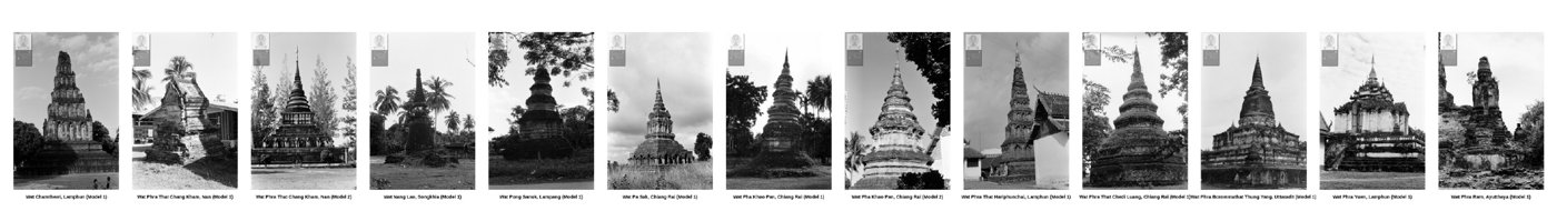 Contact sheet of archival monochrome photographs of Thai pagodas